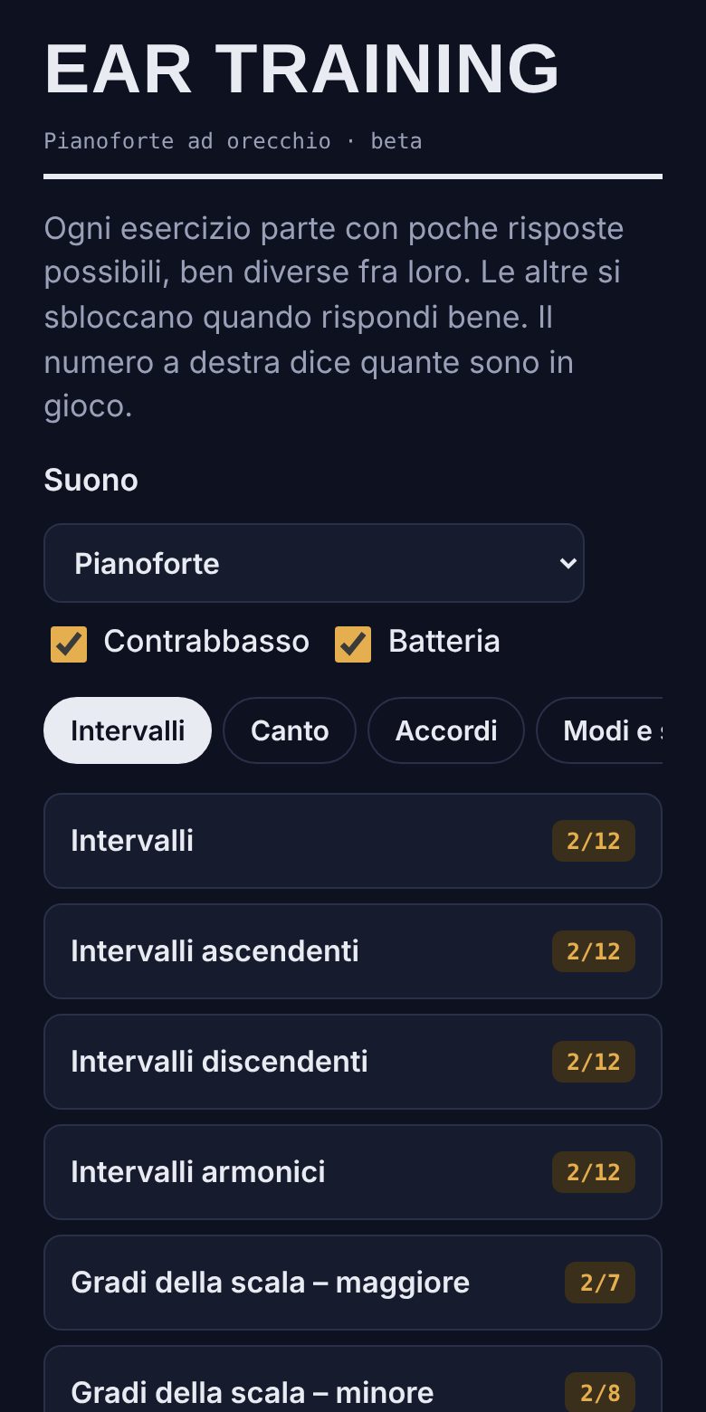 La schermata principale dell'app con le sezioni di esercizi